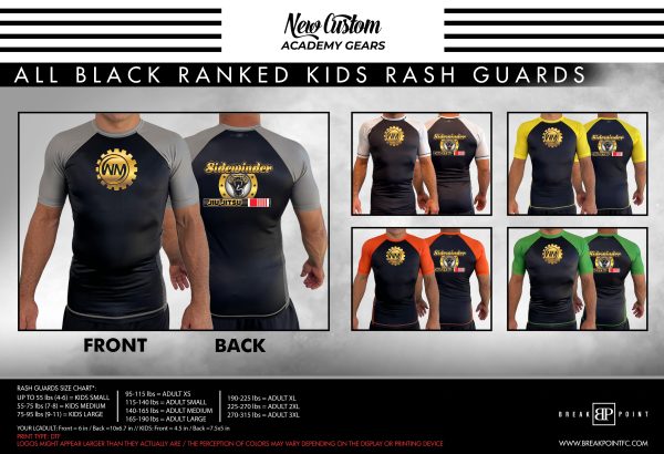 Sidewinder Jiu-Jitsu All Black Ranked KIDS Short Sleeve Rash Guards #977 C (WM) Online