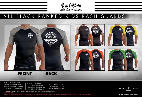 Leverage Brazilian Jiu-Jitsu All Black Ranked KIDS Short Sleeve Rash Guards #1372 Hot on Sale