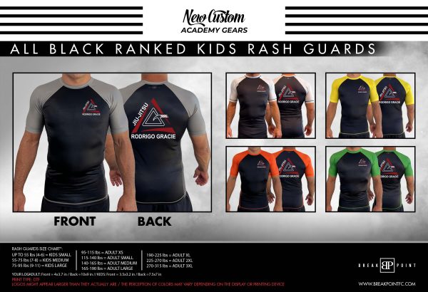 Rodrigo Gracie Jiu-Jitsu All Black Ranked KIDS Short Sleeve Rash Guards #1373 on Sale